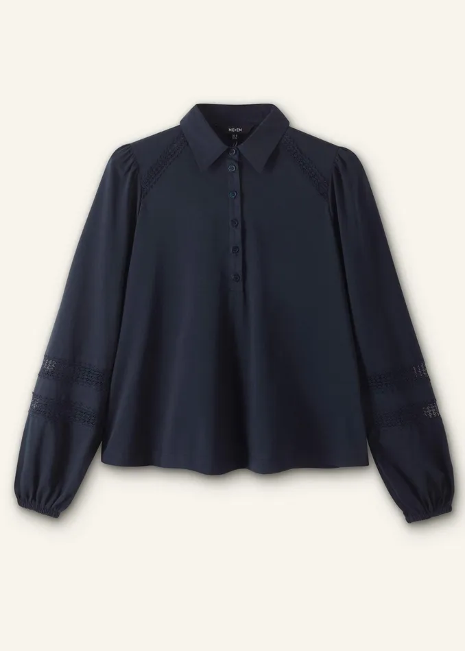 Women Lace Trim Swing Top Navy MEEM