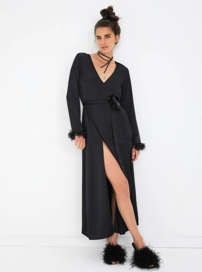 Women Lingerie For Love and Lemons Floral Trim Robe Black