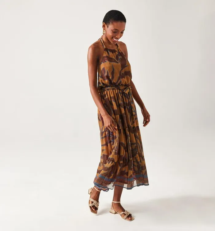 Women Long LowBack Dress 8211 Ochre Print Promod Dresses