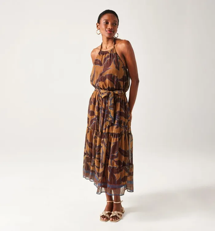 Women Long LowBack Dress 8211 Ochre Print Promod Dresses Women Long LowBack Dress 8211 Ochre Print Promod Dresses