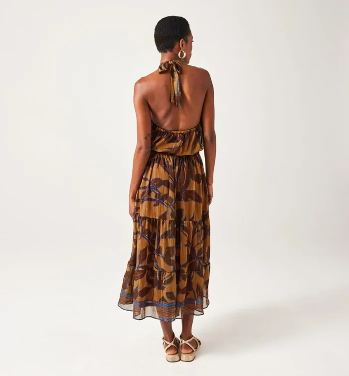 Women Long LowBack Dress 8211 Ochre Print Promod Dresses Women Long LowBack Dress 8211 Ochre Print Promod Dresses