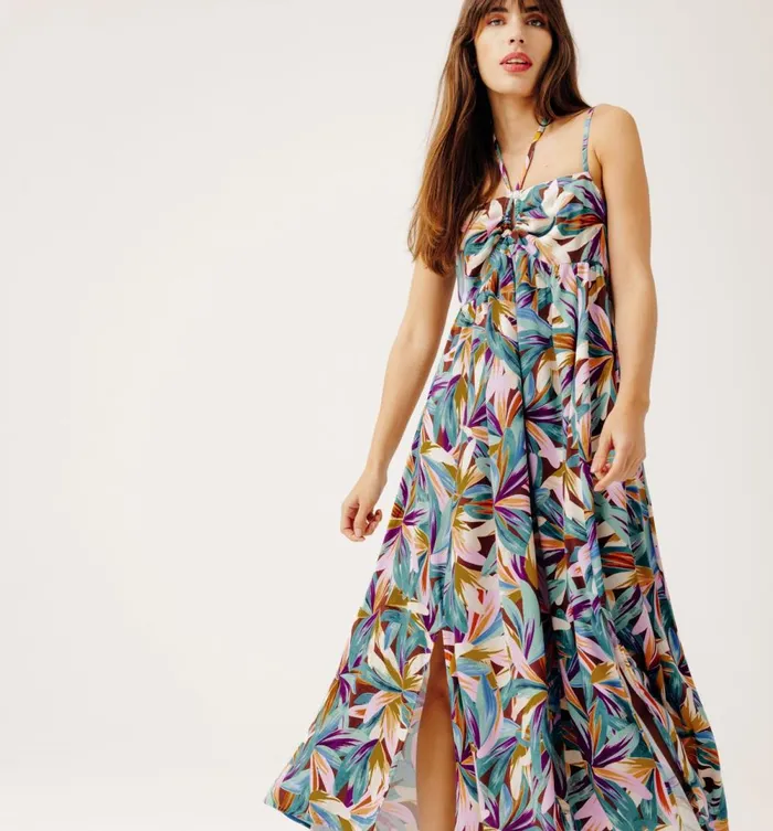 Women Long Patterned Dress 8211 Green Print Promod Dresses