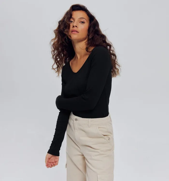 Women Long Sleeved Rib Top 8211 Black Promod Tops