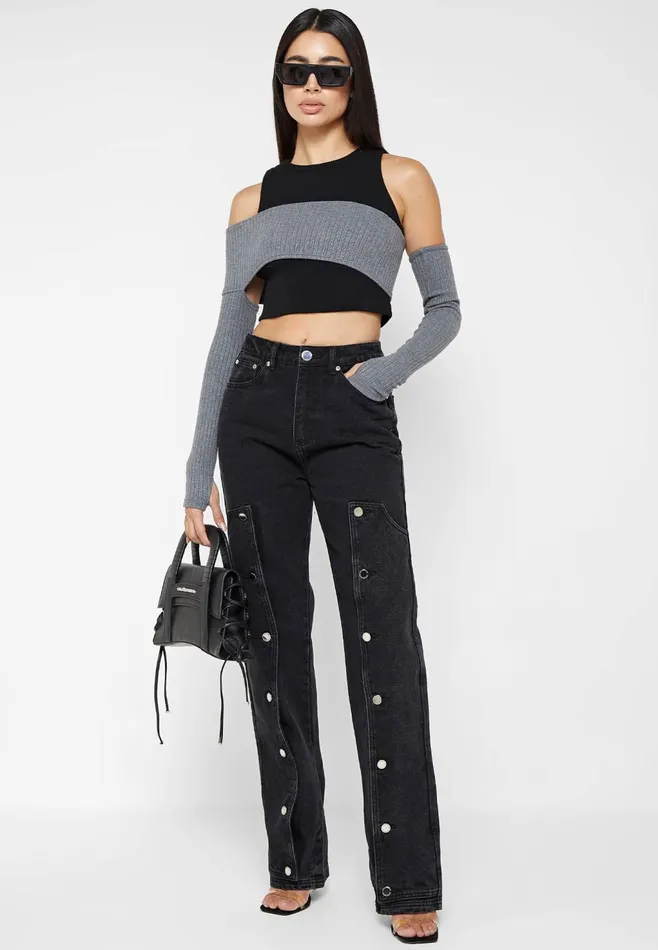 Women Manire De Voir Crop Top With Knitted Overlay Blackgrey