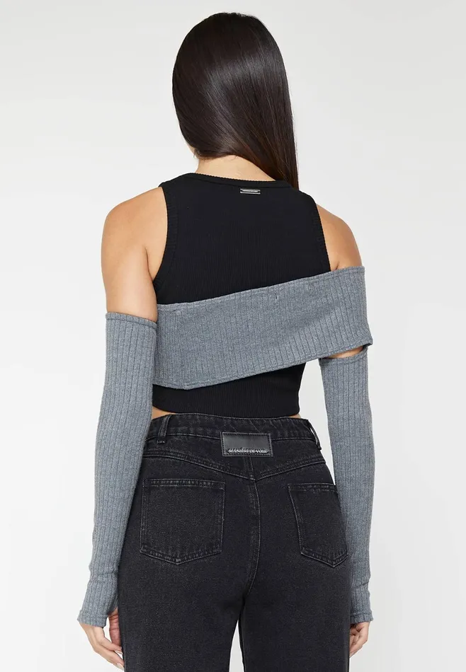 Women Manire De Voir Crop Top With Knitted Overlay Blackgrey