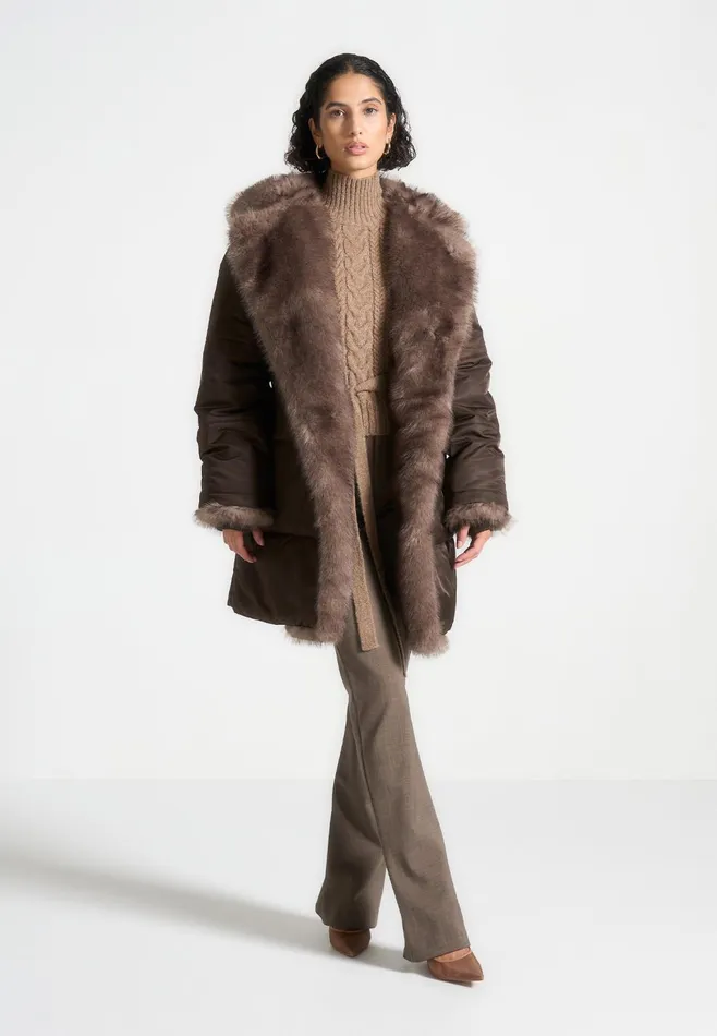 Women Manire De Voir Fur Longline Belted Coat Brown