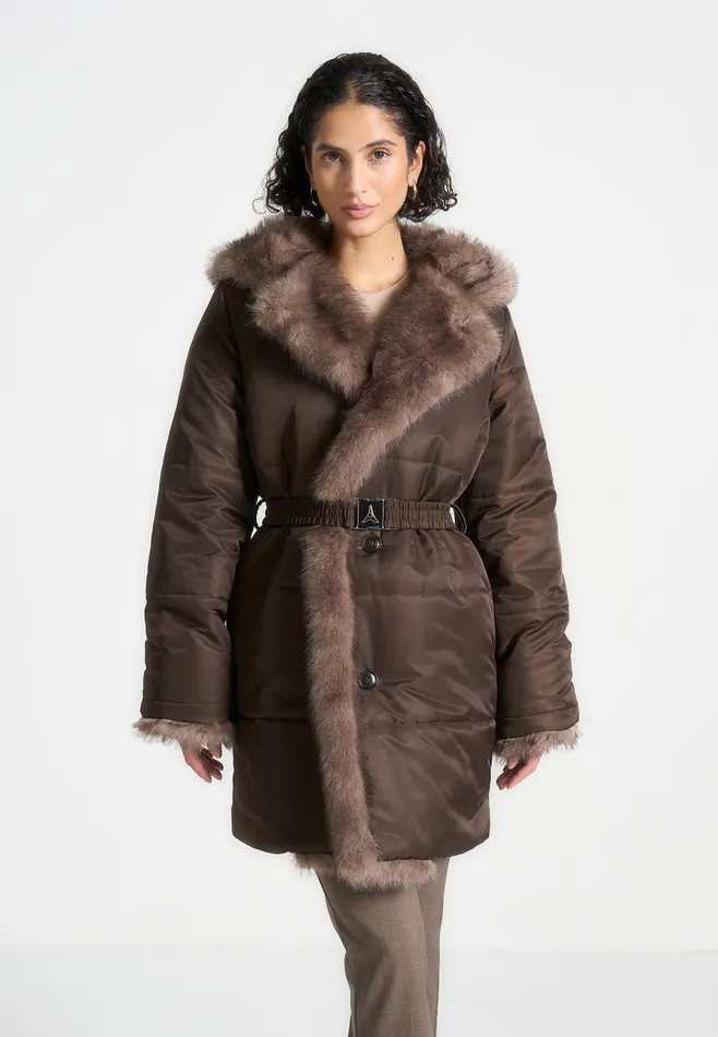 Women Manire De Voir Fur Longline Belted Coat Brown