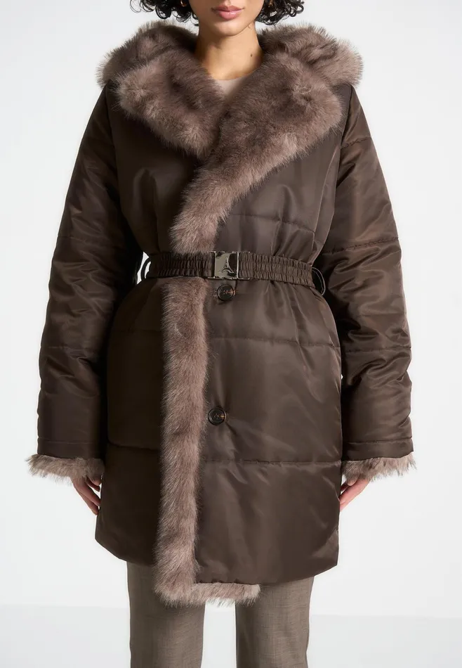 Women Manire De Voir Fur Longline Belted Coat Brown