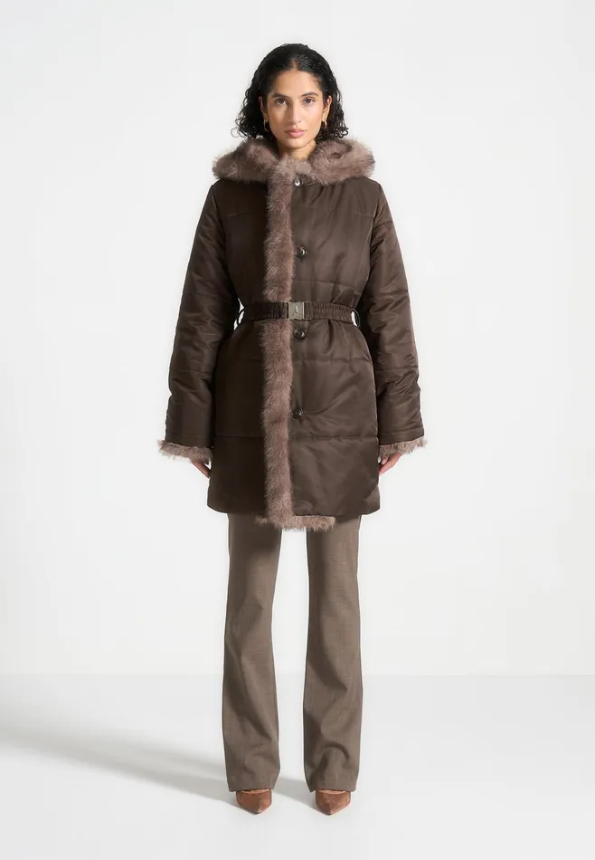 Women Manire De Voir Fur Longline Belted Coat Brown