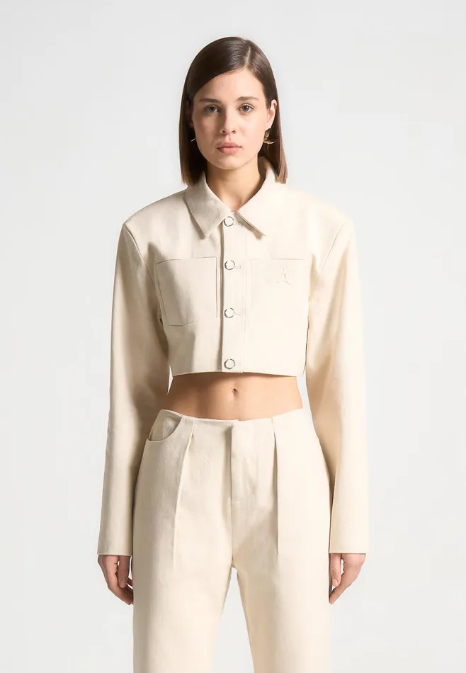 Women Manire De Voir Wide Shoulder Cropped Denim Jacket Cream