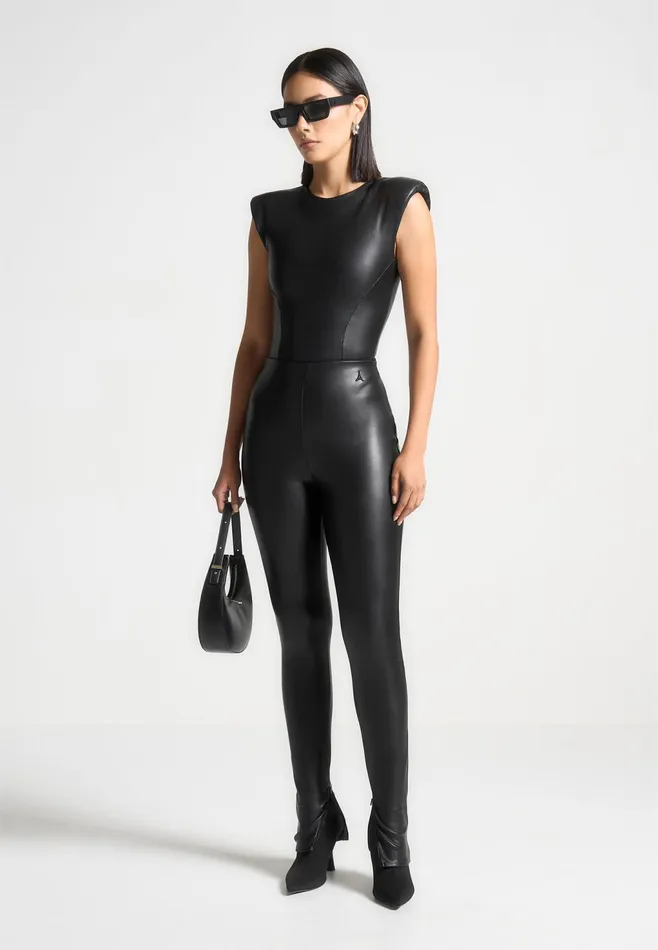 Women Manire De Voir Wide Shoulder Leather Bodysuit Black