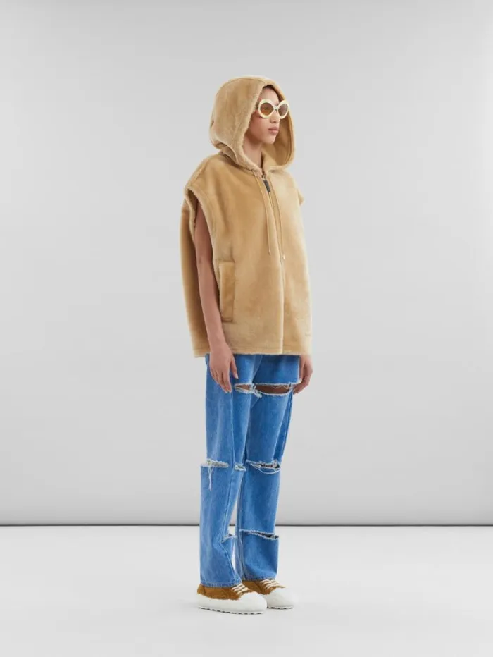 Women Marni Coats and Jackets Brown Shaved Shearling Hooded Gilet