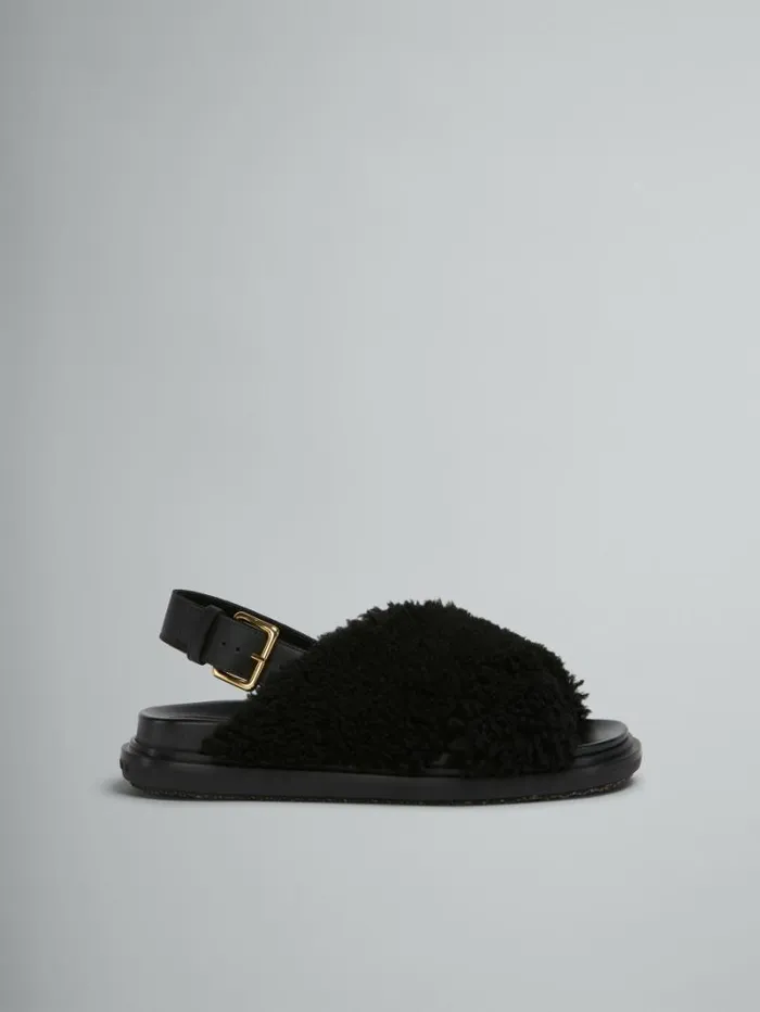 Women Marni Fussbett Black Curly Shearling Fussbett Slide