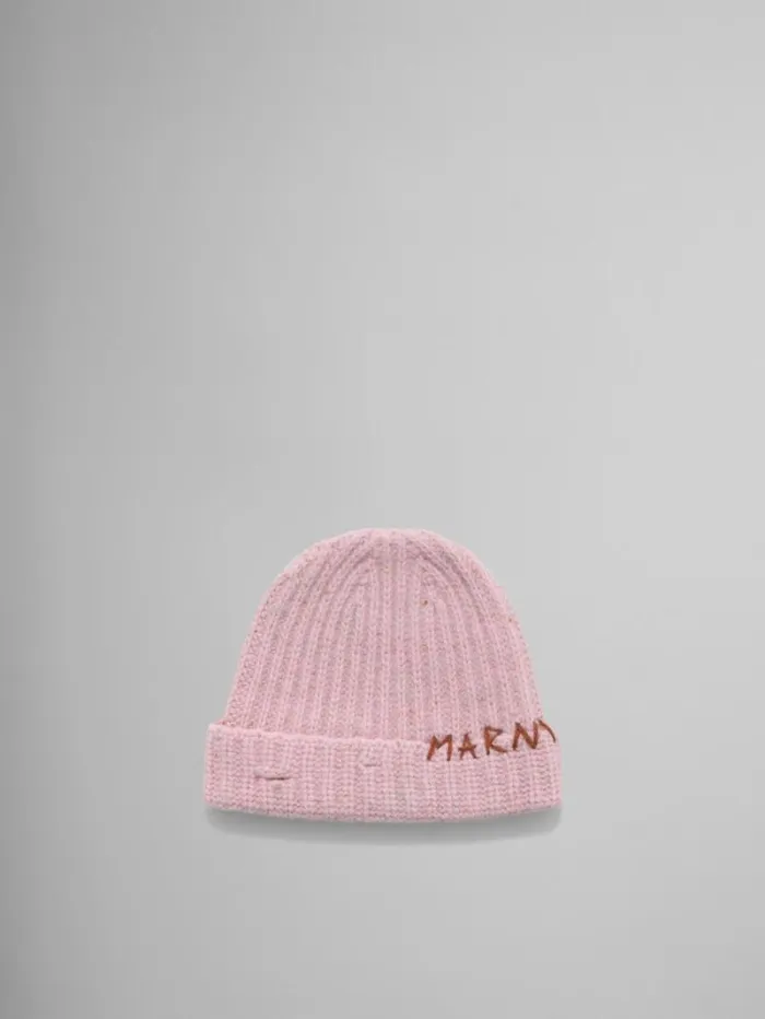 Women Marni Hats Pink Shetland Wool Beanie With Marni Mending