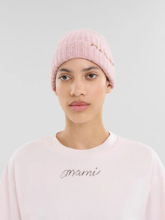 Women Marni Hats Pink Shetland Wool Beanie With Marni Mending