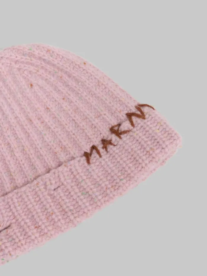 Women Marni Hats Pink Shetland Wool Beanie With Marni Mending