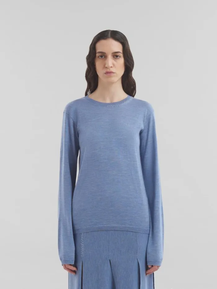 Women Marni Knitwear Blue WoolSilk CrewNeck Jumper With Marni Mending