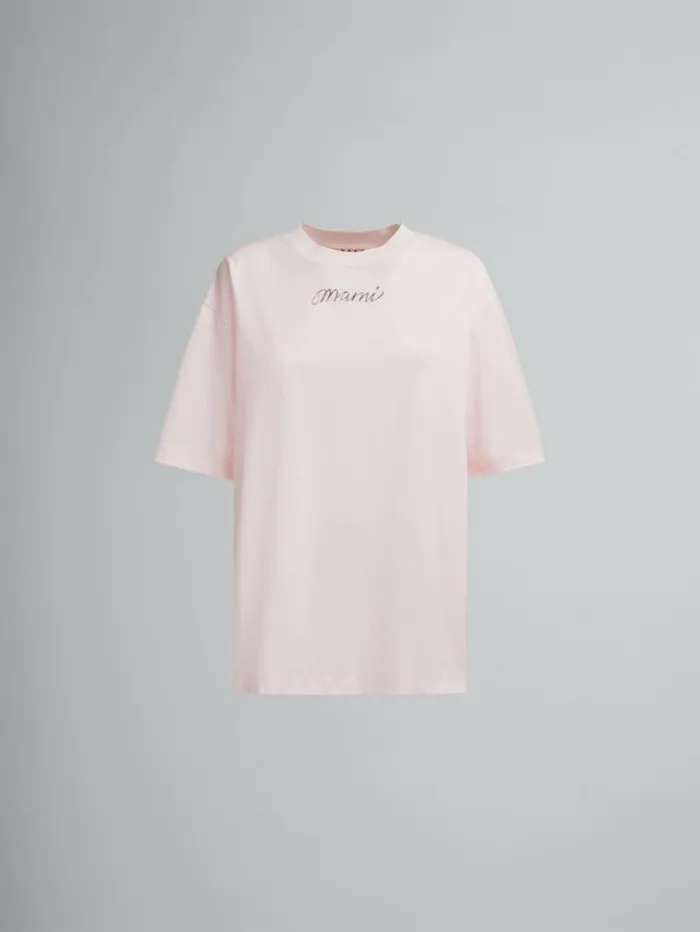 Women Marni Tops and Tshirts Pink Organic Cotton Boxy TShirt With Repeated Logo