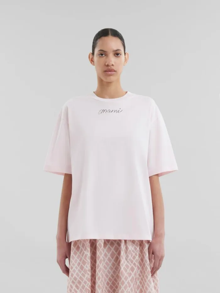 Women Marni Tops and Tshirts Pink Organic Cotton Boxy TShirt With Repeated Logo