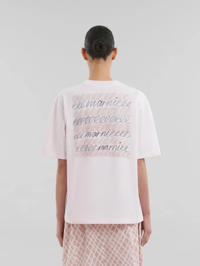 Women Marni Tops and Tshirts Pink Organic Cotton Boxy TShirt With Repeated Logo