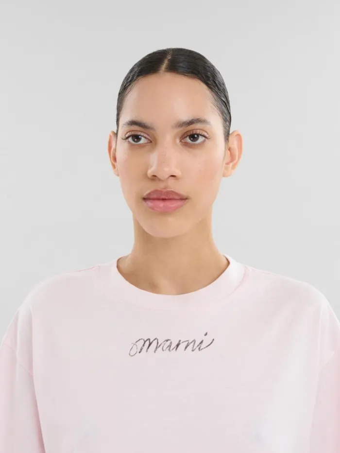Women Marni Tops and Tshirts Pink Organic Cotton Boxy TShirt With Repeated Logo