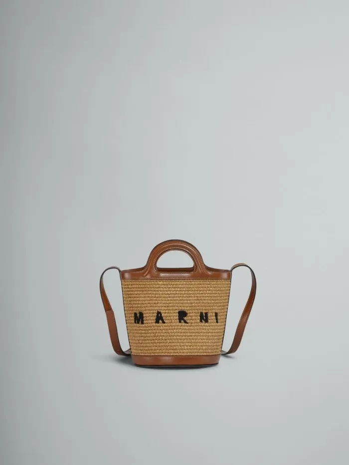 Women Marni Tropicalia Bag Tropicalia Small Bucket Bag In Brown Leather And RaffiaEffect Fabric