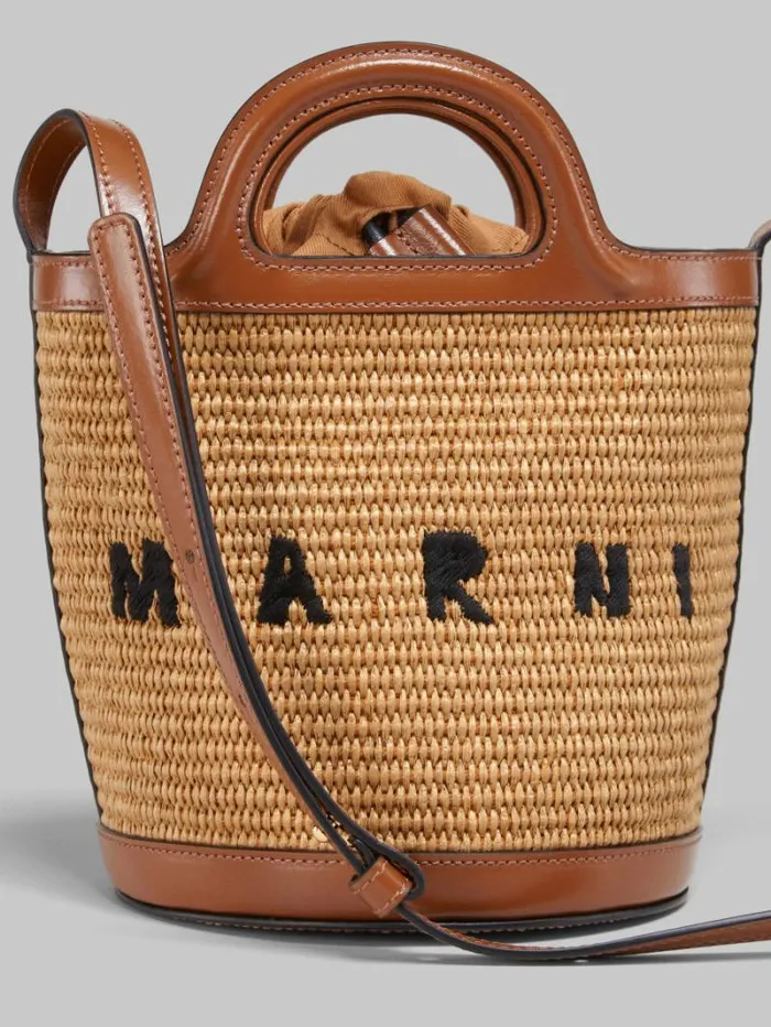 Women Marni Tropicalia Bag Tropicalia Small Bucket Bag In Brown Leather And RaffiaEffect Fabric