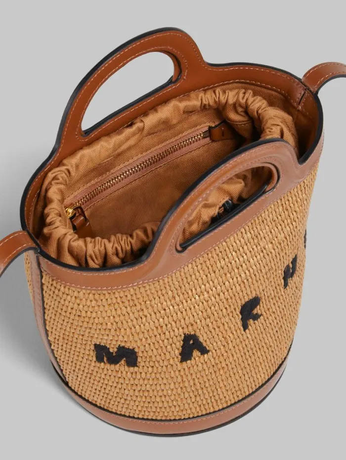 Women Marni Tropicalia Bag Tropicalia Small Bucket Bag In Brown Leather And RaffiaEffect Fabric