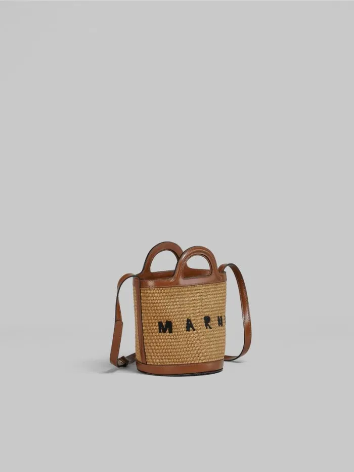 Women Marni Tropicalia Bag Tropicalia Small Bucket Bag In Brown Leather And RaffiaEffect Fabric