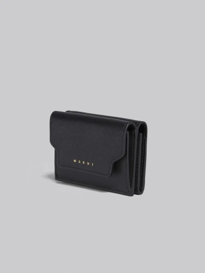 Women Marni Wallets and Small Leather Goods Black Saffiano Leather TriFold Wallet