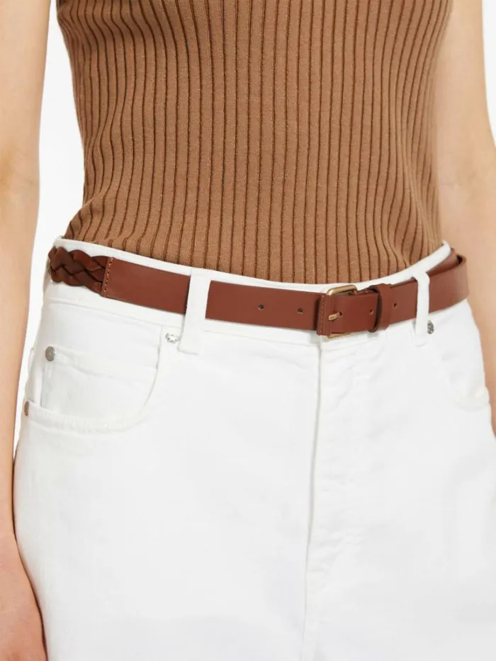 Women Max Mara Belts Woven Leather Belt Tobacco
