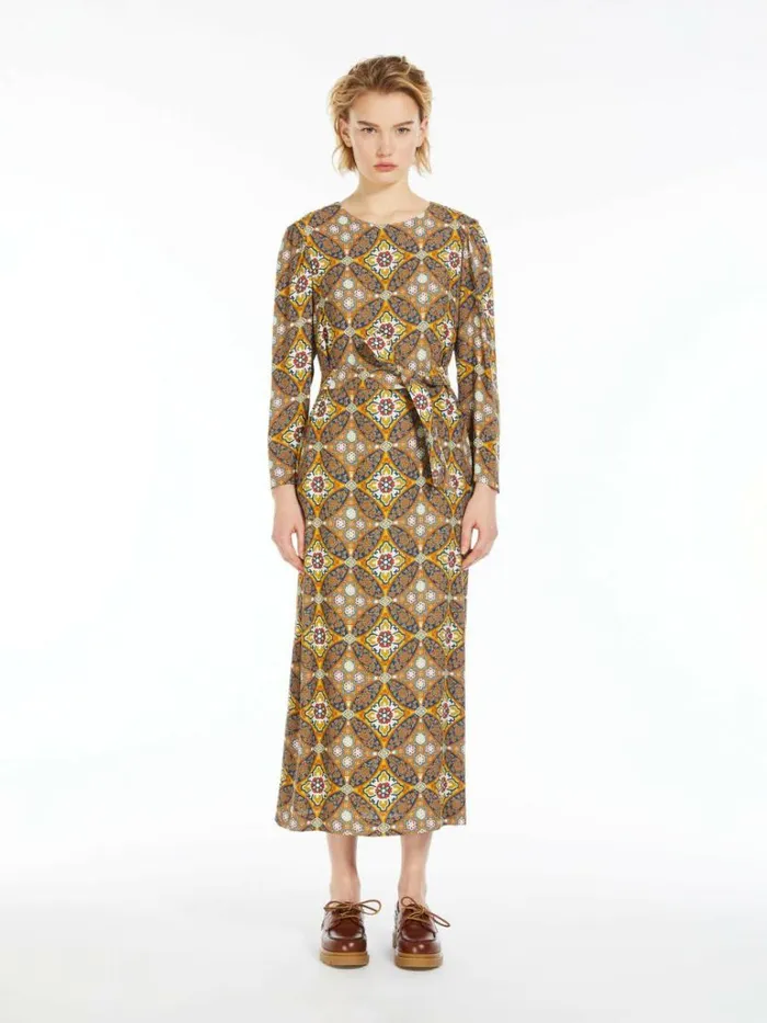 Women Max Mara Dresses Belted Viscose Crepe Dress Mustard