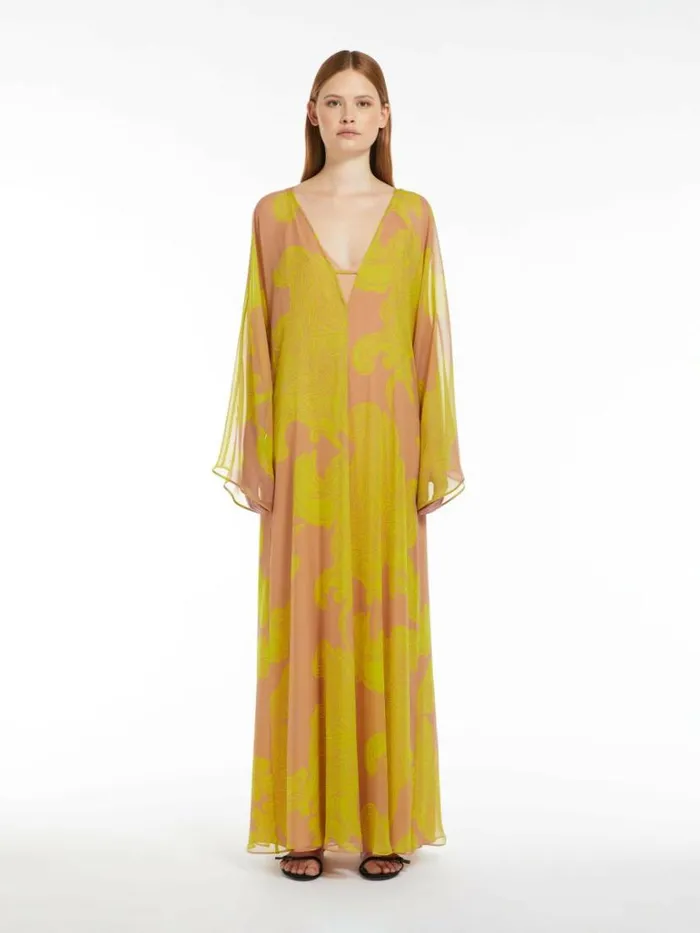Women Max Mara Dresses Printed Silk Kaftan Dress Hazelnut Brown
