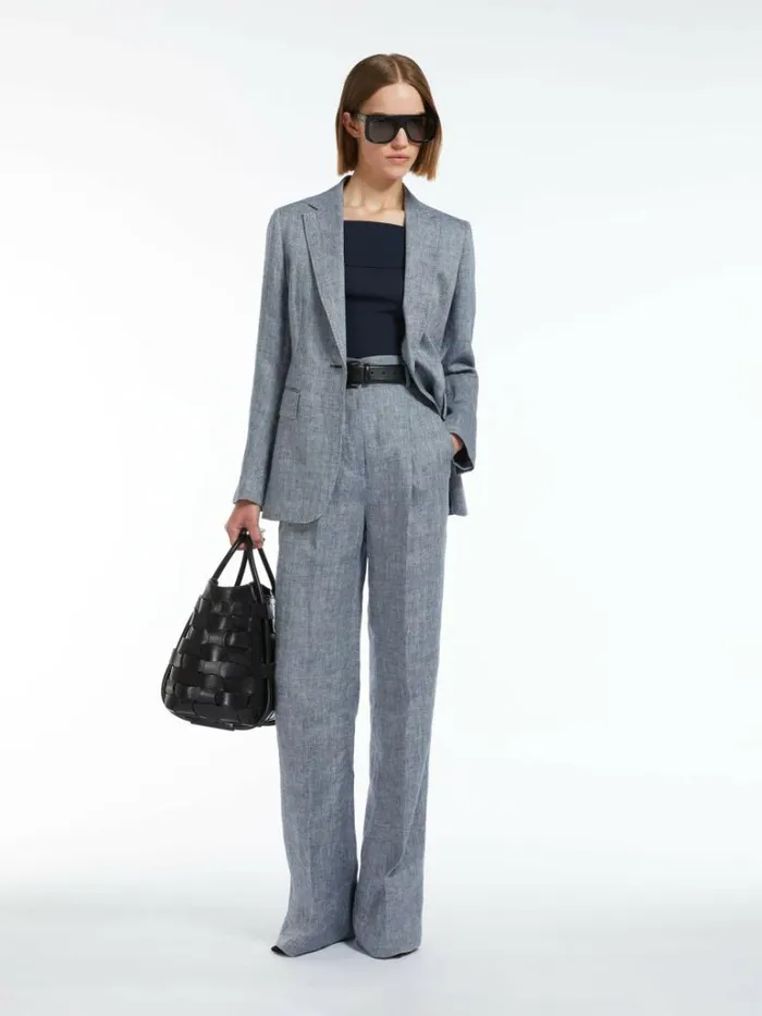 Women Max Mara Suit Herringbone Linen Trousers Navy