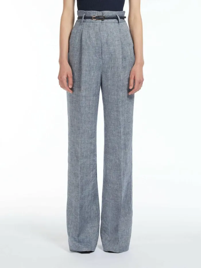 Women Max Mara Suit Herringbone Linen Trousers Navy