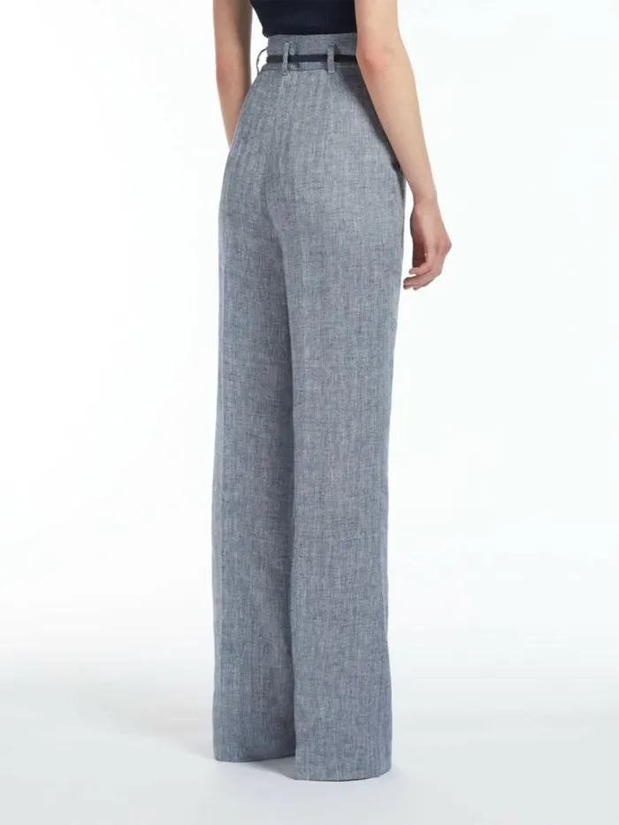 Women Max Mara Suit Herringbone Linen Trousers Navy