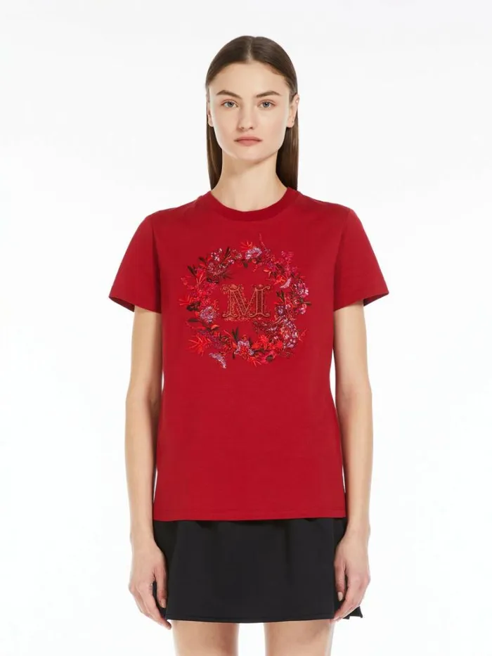 Women Max Mara Tops And Tshirts Cotton Tshirt With Embroidered Pocket Bordeaux