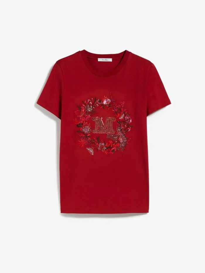 Women Max Mara Tops And Tshirts Cotton Tshirt With Embroidered Pocket Bordeaux