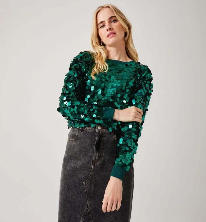 Women Maxi Sequinned Jumper 8211 Petrole Moyen Promod Jumpers And Cardigans