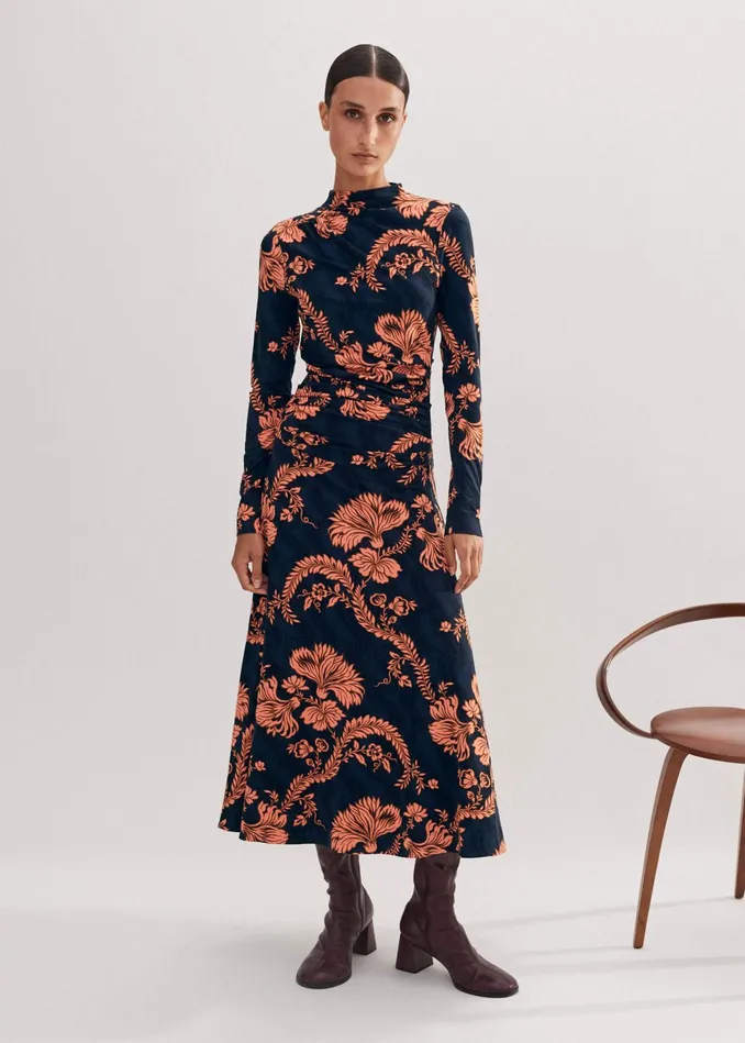 Women Midnight Floral Print Pleat Detail Dress Navypeachbrown MEEM