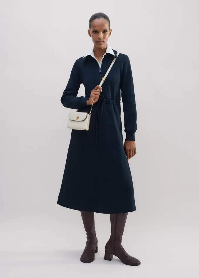 Women Mix Media Sweatshirting Midi Dress Navy MEEM
