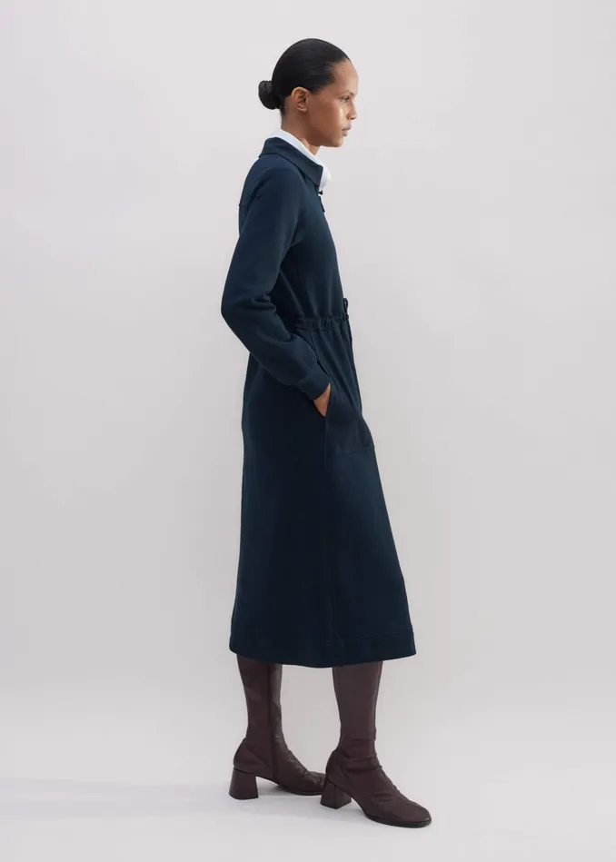 Women Mix Media Sweatshirting Midi Dress Navy MEEM