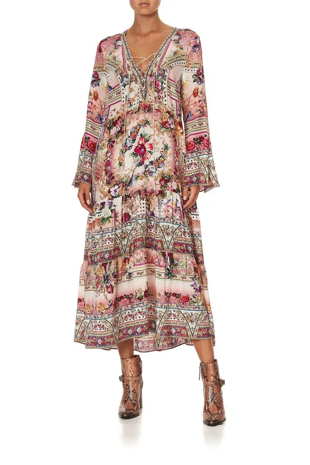 Women Modest Clothing Camilla Lace Up Dress With Tiered Hem Summoned By A Rose