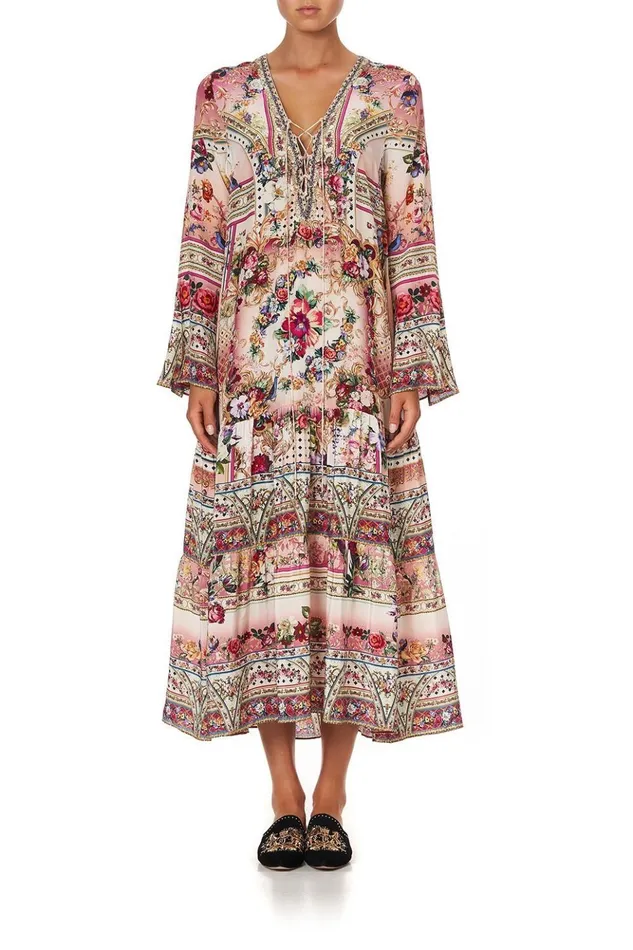 Women Modest Clothing Camilla Lace Up Dress With Tiered Hem Summoned By A Rose