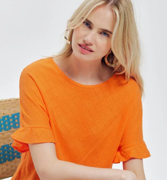 Women Openwork Pointelle Top 8211 Orange Promod Tops