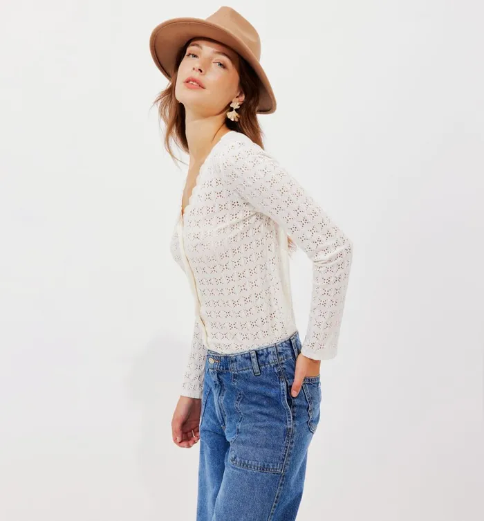 Women Openwork Top With VNeckline 8211 Ecru Promod Tops