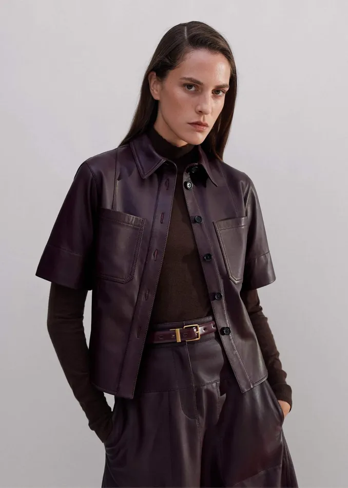 Women Panelled Leather Shirt Deep Merlot MEEM