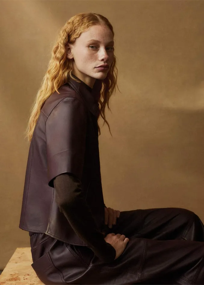 Women Panelled Leather Shirt Deep Merlot MEEM