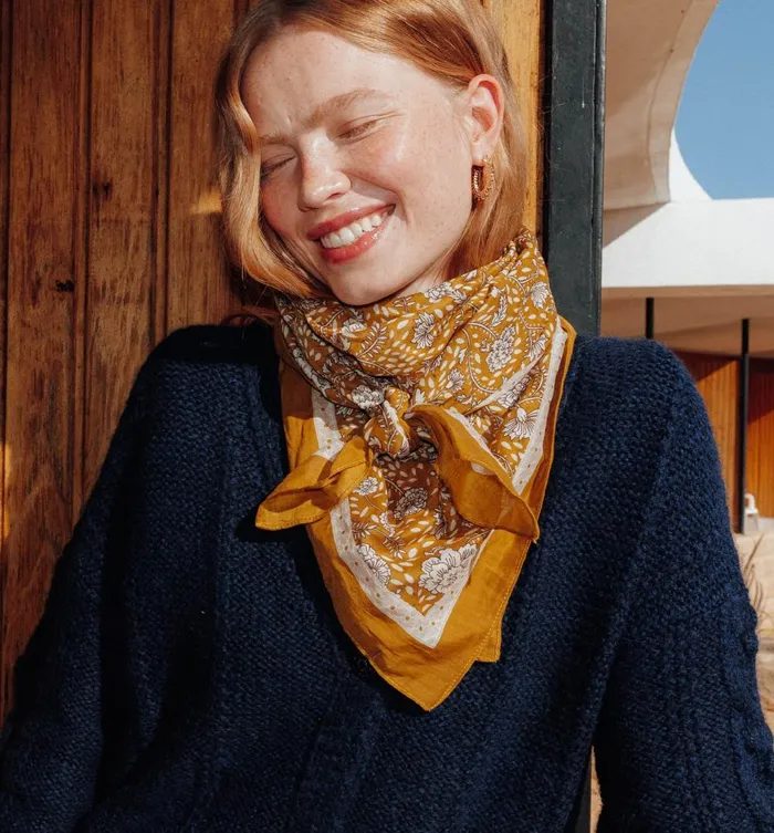 Women Patterned Cotton Scarf 8211 Ochre Print Promod Fabric Scarves