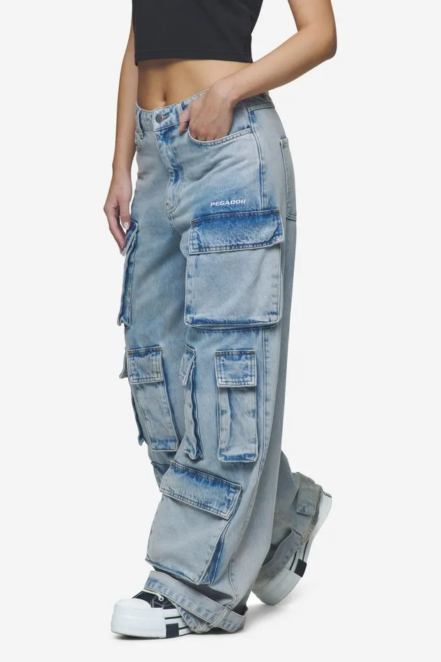 Women Pegador Jeans Celina High Waist Cargo Jeans Washed Pale Blue